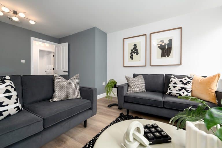 Grey sofa with decorative cushions, coffee table with potted plant and artwork behind sofa.