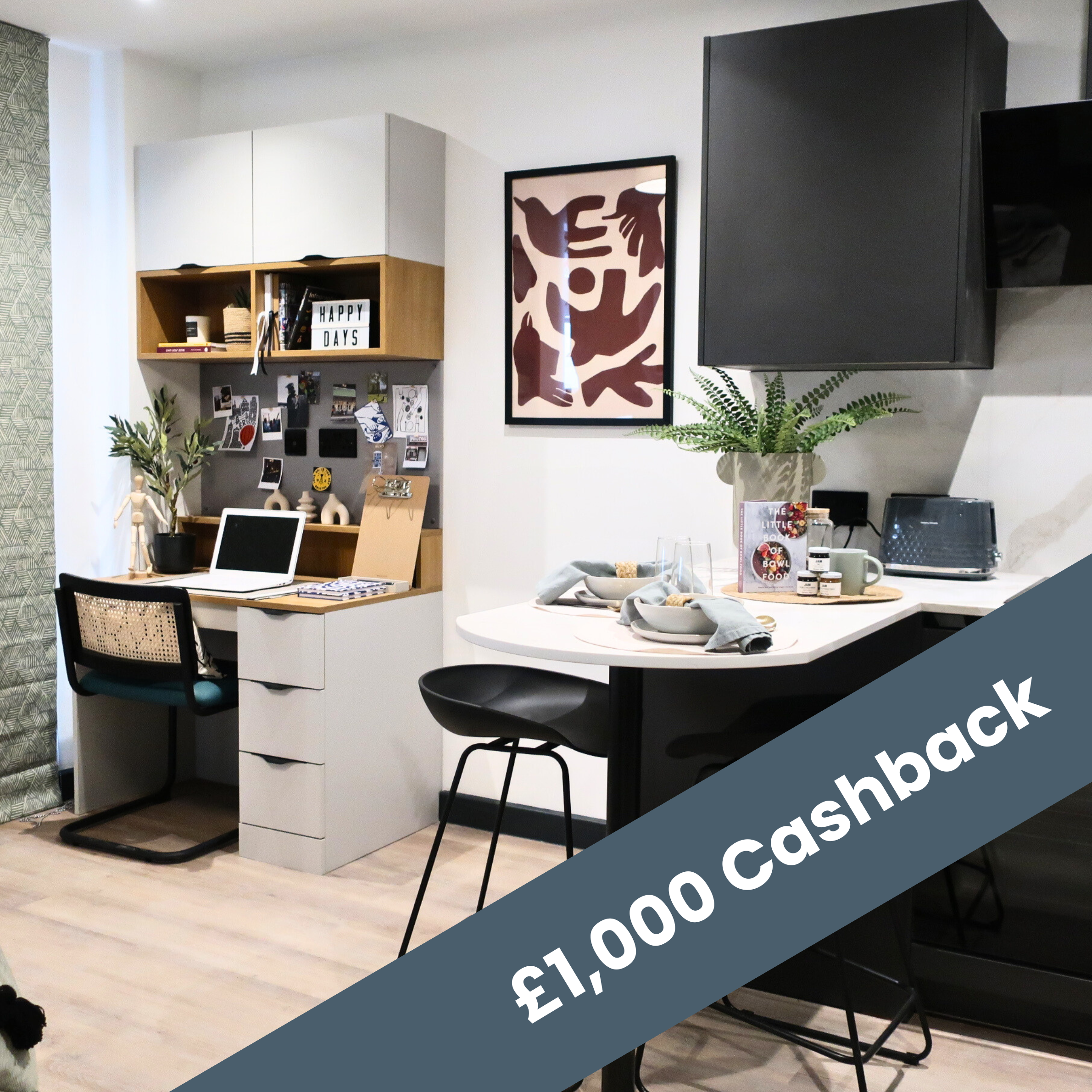 studio apartment with breakfast bar and study space behind and caption '£1,000 cashback'