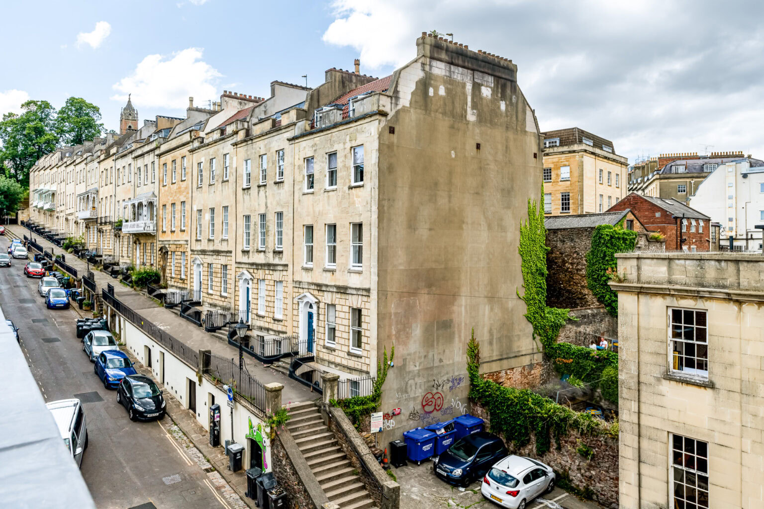A view of the street from the top of a building.