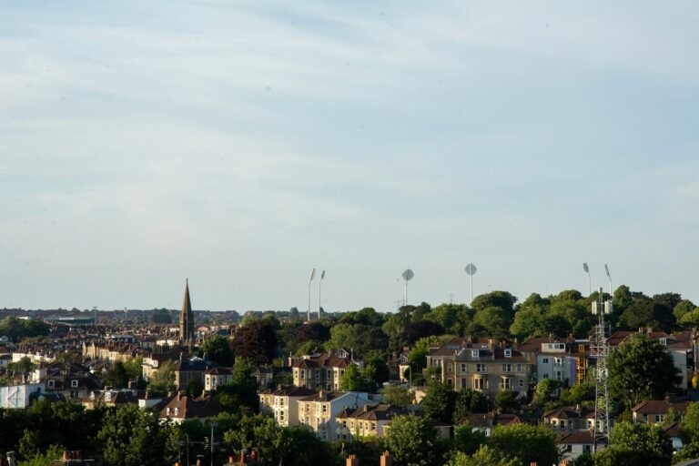Rooftops of Bishopston with a church spire