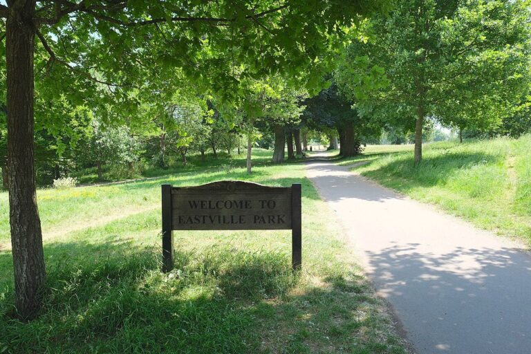 A tree-lined path at the entrance to Eastville Park