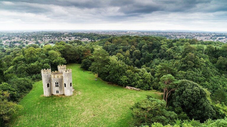 Blaise Castle in parkland woods, seen from the air