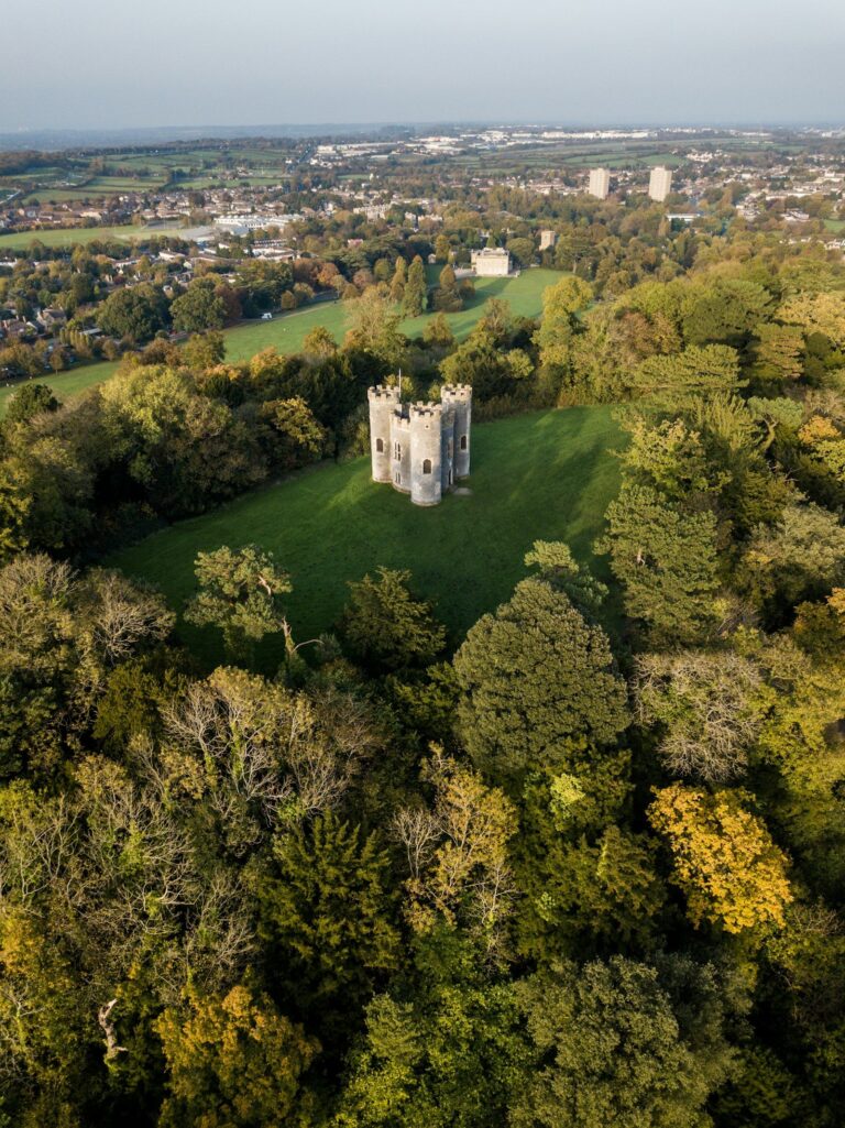 Blaise Castle among autumn trees, seen from above