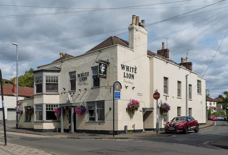 The White Lion pub with hanging baskets in Westbury-on-Trym