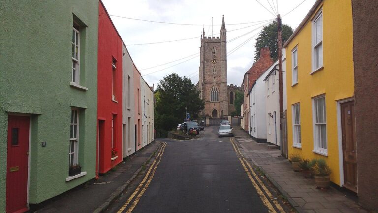 Colourful cottages leading to Holy Trinity Church in Westbury-on-Trym